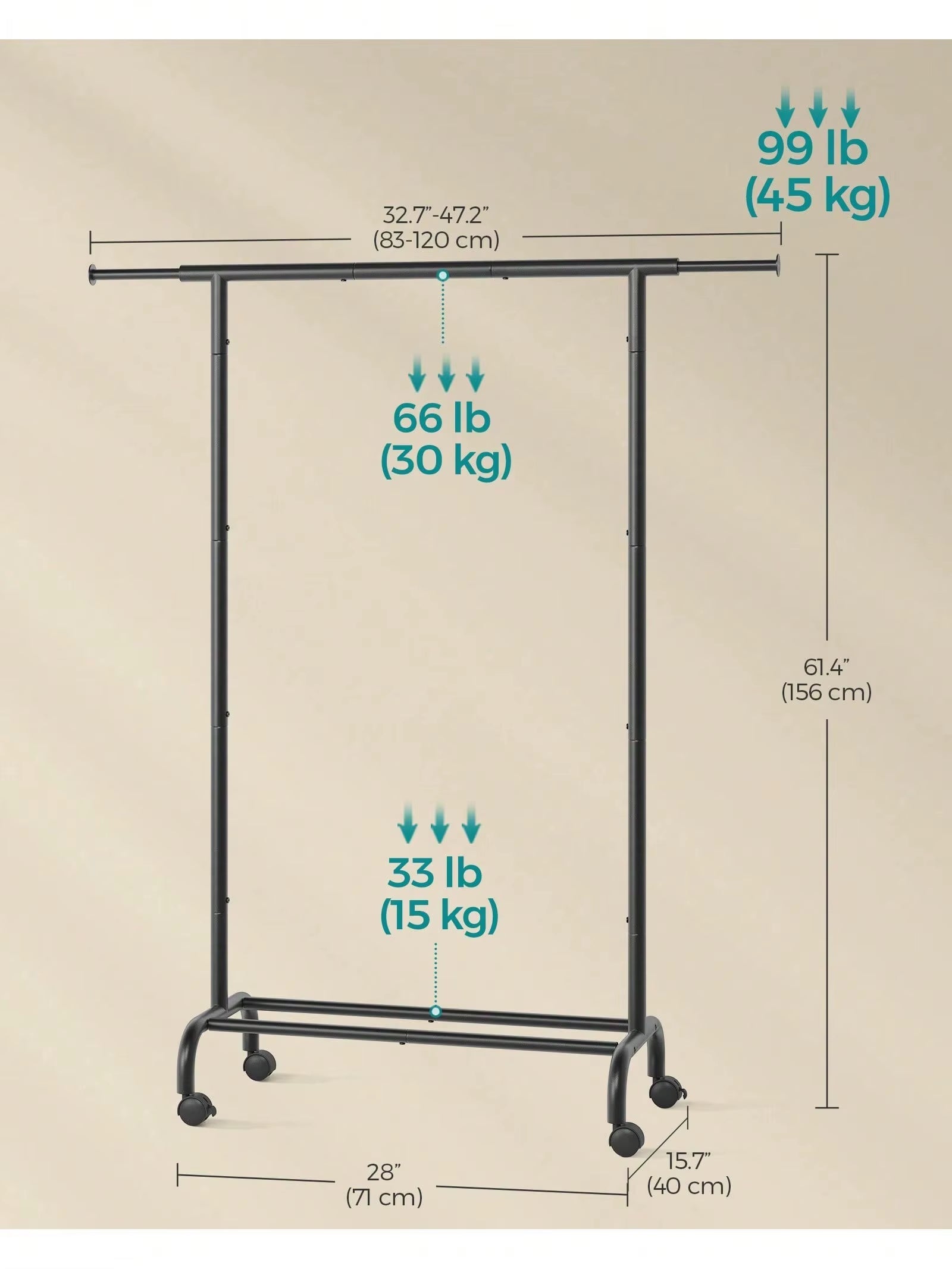 Clothes Rack, Clothing Rack for Hanging Clothes with Wheels, Garment Rack with Extendable Hanging Rail