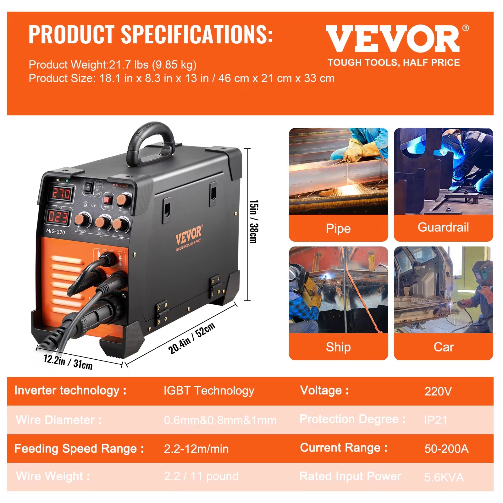 VEVOR MIG Welder 3In1 Welding Machine 270 Amp MIG TIG Arc Welder Lift ARC Welder Digital Display Combo Inverter Welding Machine