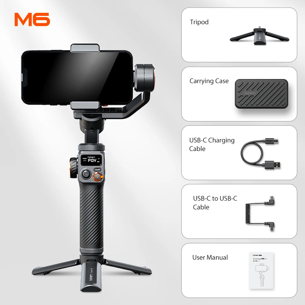 Office Gimbal Isteady M6 3-Axis Cell Phone Stabilize for Xiaomi with AI Tracker Magnetic Fill Light Full Color Video Vlogg