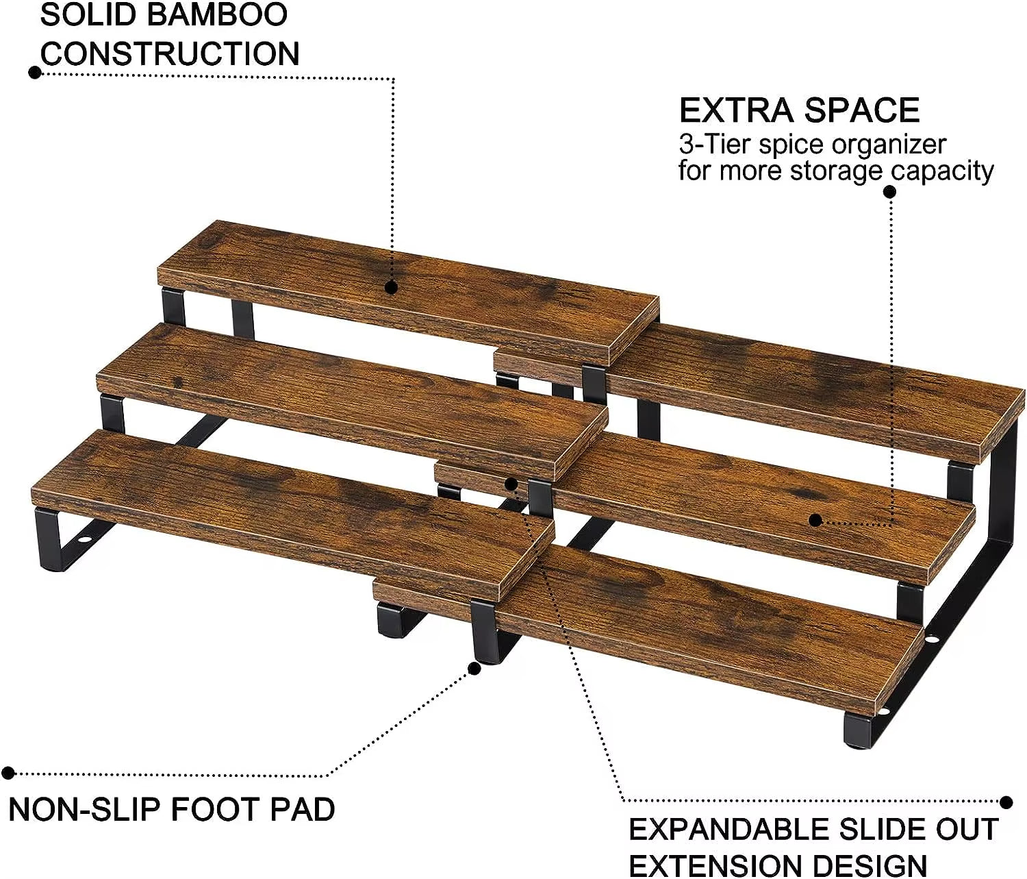 3-Tier Wooden Spice Rack Organizer for Cabinet, Expandable Spice Rack Shelf Organizer for Kitchen Cabinet Countertop, Set of 2