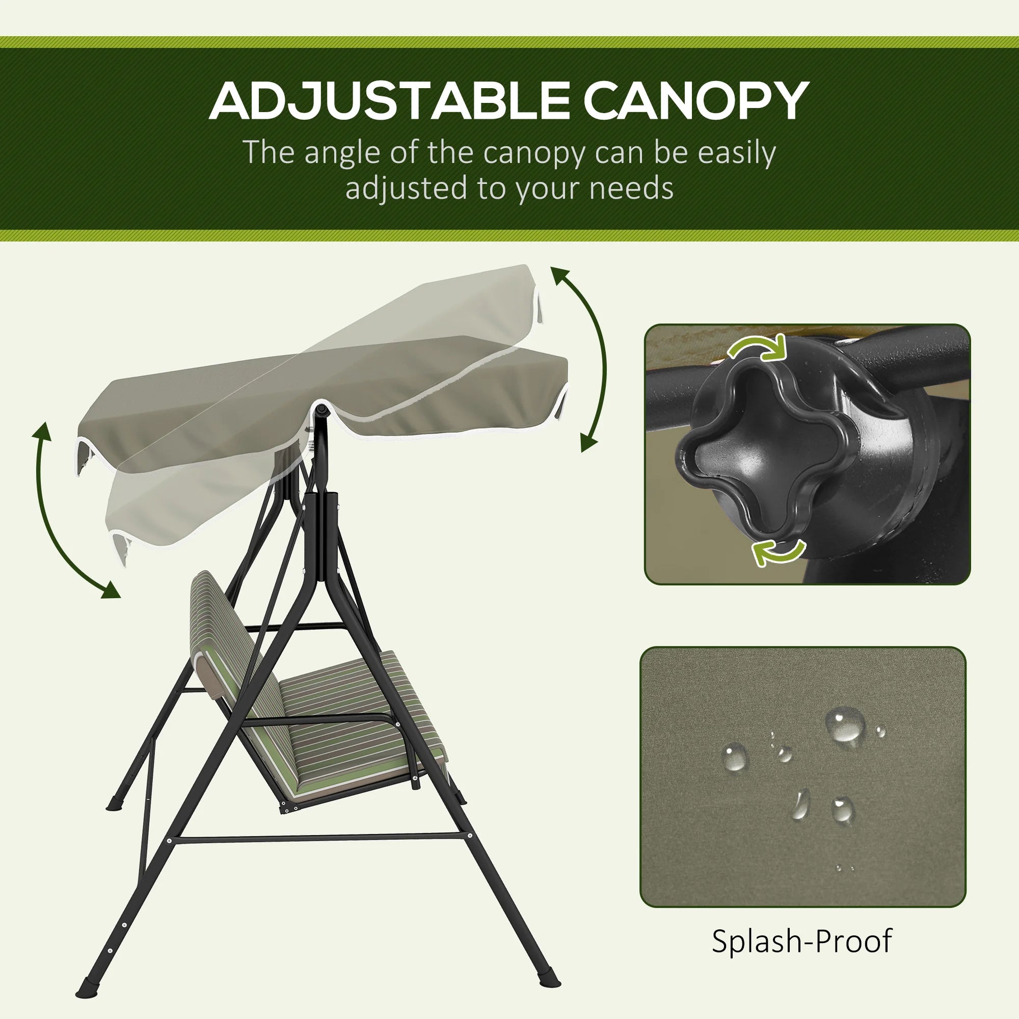 3-Seat Outdoor Patio Swing W/ Canopy & Cushion, Beige & Green