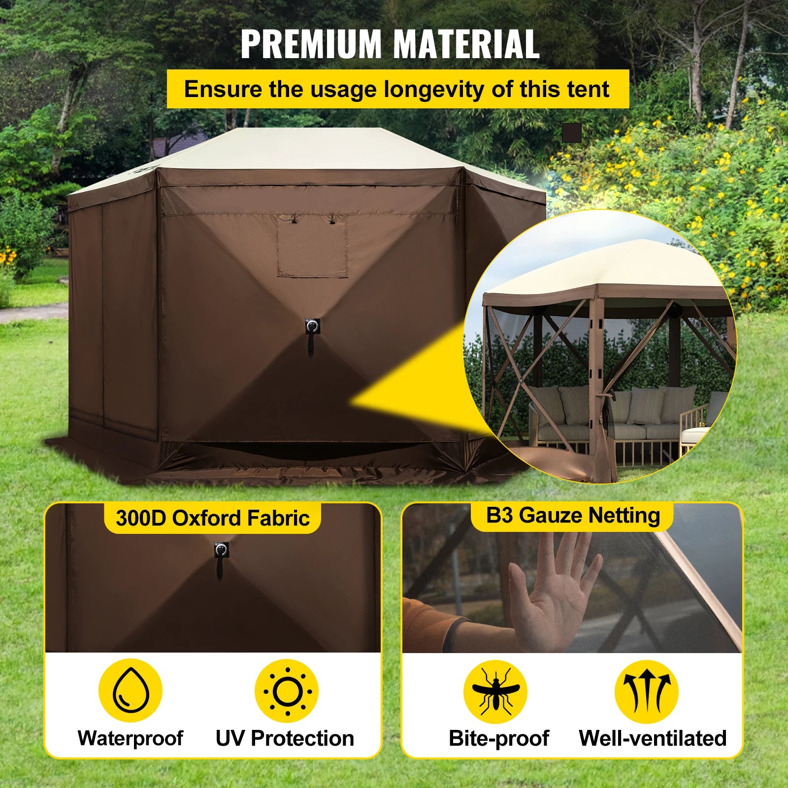 Pop-Up Camping Gazebo Camping Canopy Shelter 6 Sided 12' X 12' / 10' X 10' Sun Shade Tents & Canopies Camping & Hiking