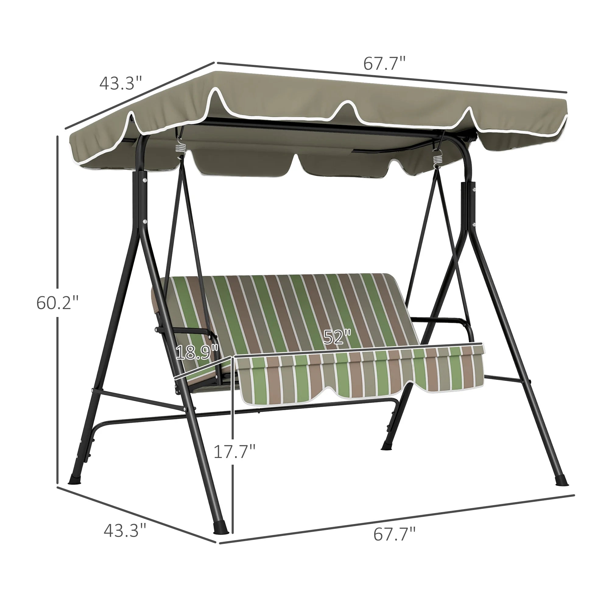 3-Seat Outdoor Patio Swing W/ Canopy & Cushion, Beige & Green