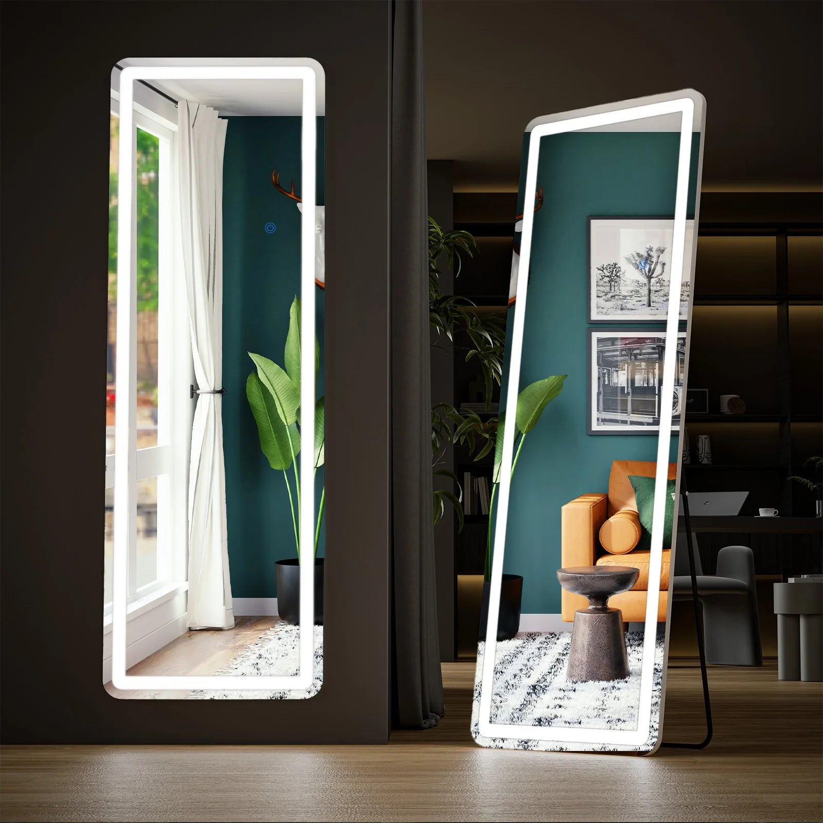 Led 64"X21" Full Length Mirror Standing Hanging or Wall-Mounted Mirrors with Stand Aluminum Alloy Frame for Living Room