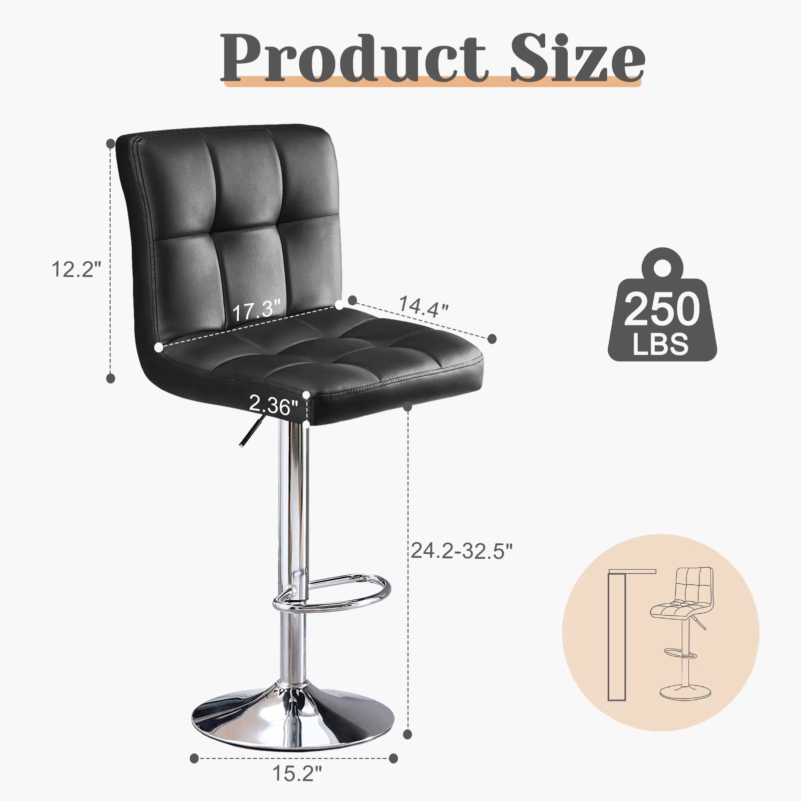 PU Leather Bar Stools Set of 2,Upholstered Counter Height Bar Stools,Sgs Certified Gas Gylinder Comfortbale Backrest