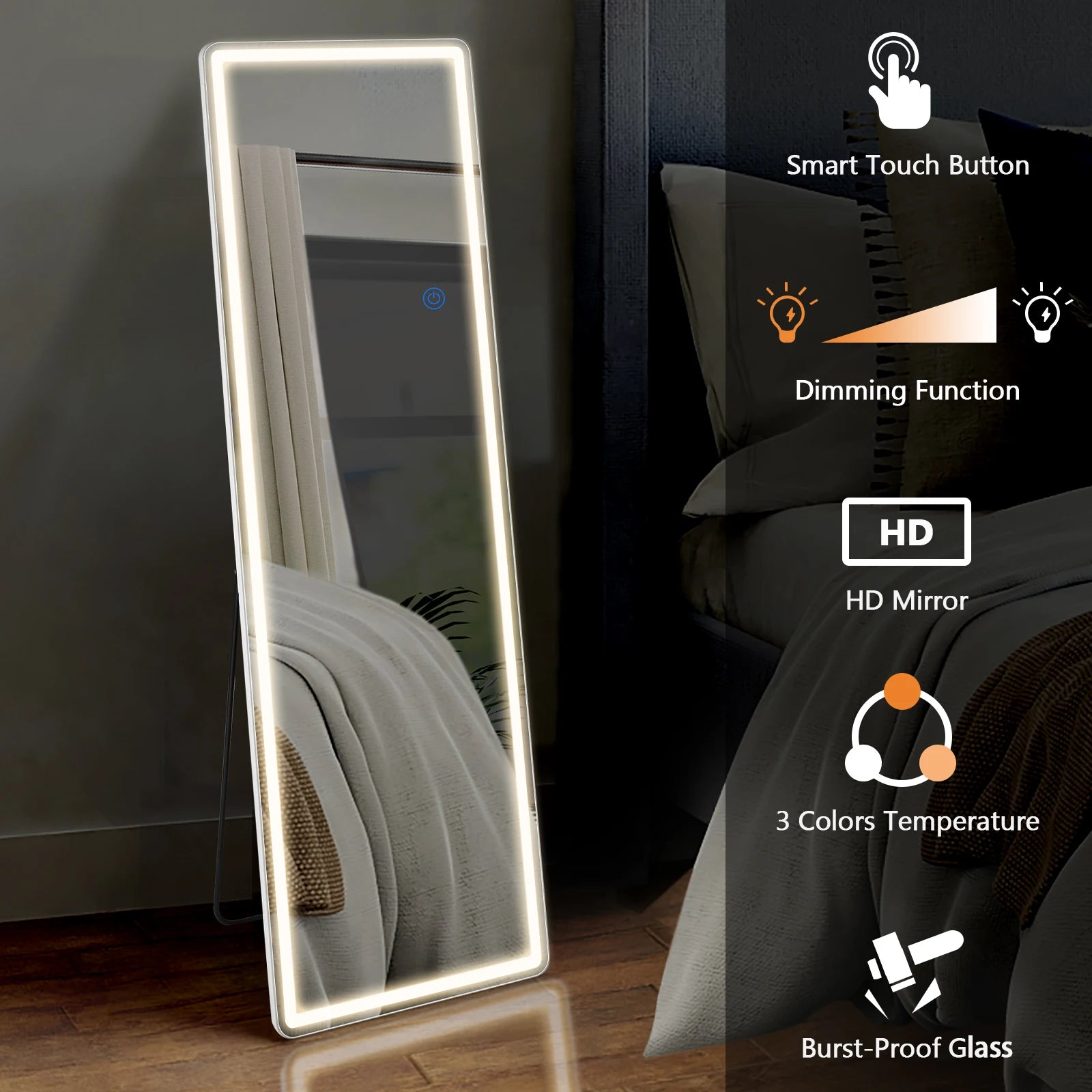 Led 64"X21" Full Length Mirror Standing Hanging or Wall-Mounted Mirrors with Stand Aluminum Alloy Frame for Living Room