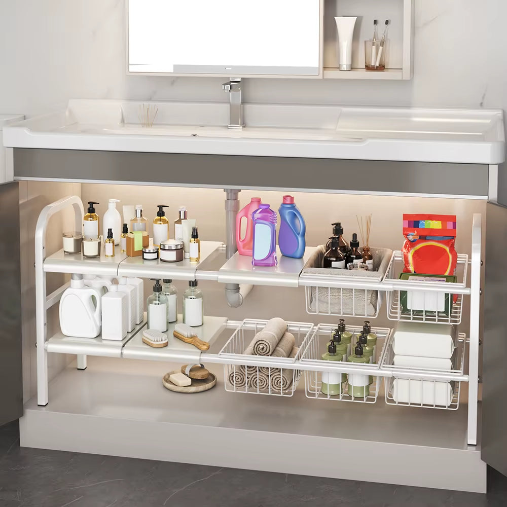 1 Set Multi-Use Kitchen under Bathroom Sink Organizers - Expandable Cabinet Shelf Organizer Storage Rack with Removable Baskets