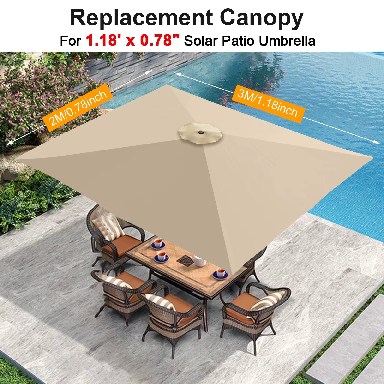 2X3M Garden Parasol Replacement Cloth Rainproof Sunshade Canopy Patio Waterproof Cloth for Outdoor Beach Picnic Camping