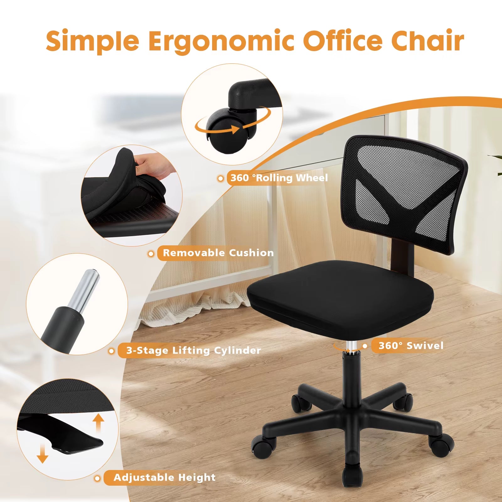 Mesh with Lumbar Support Armless Office Chair Low Back with Wheels Adjustable Height 360° Rolling Swivel Computer Chair