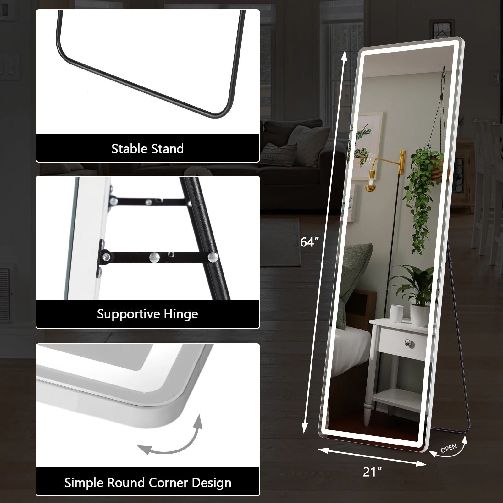 Led 64"X21" Full Length Mirror Standing Hanging or Wall-Mounted Mirrors with Stand Aluminum Alloy Frame for Living Room