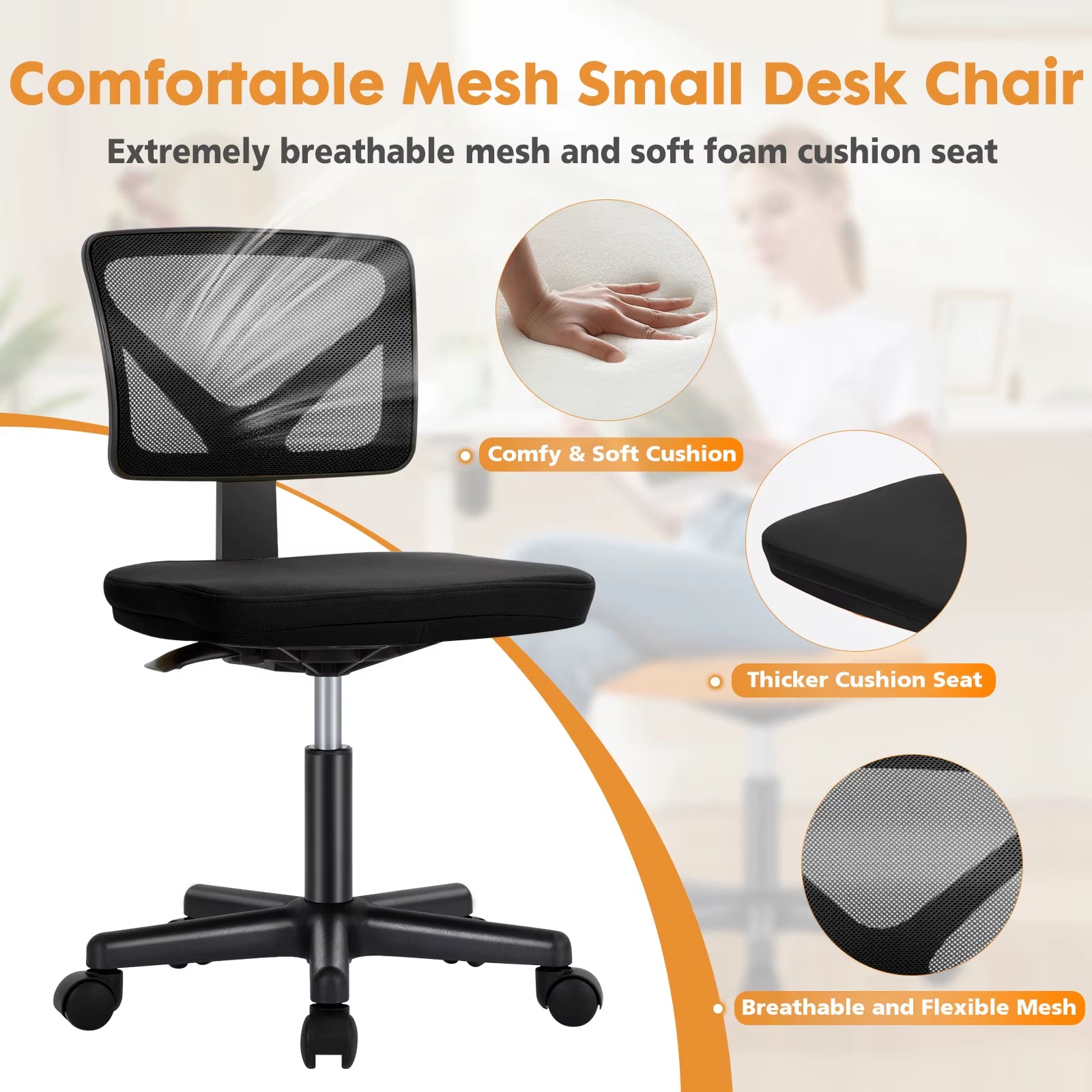 Mesh with Lumbar Support Armless Office Chair Low Back with Wheels Adjustable Height 360° Rolling Swivel Computer Chair