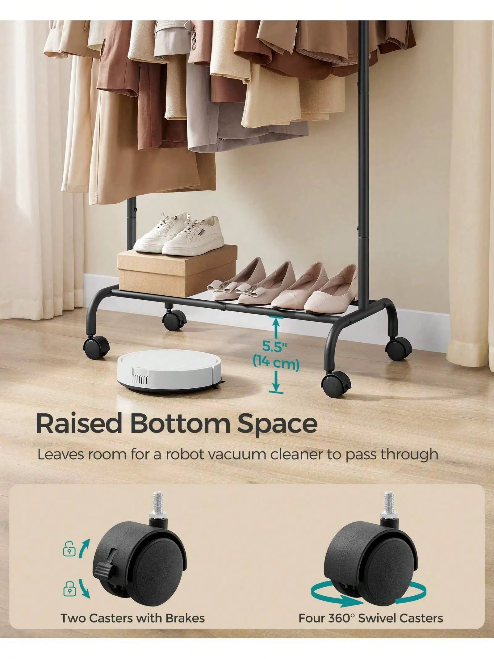 Clothes Rack, Clothing Rack for Hanging Clothes with Wheels, Garment Rack with Extendable Hanging Rail