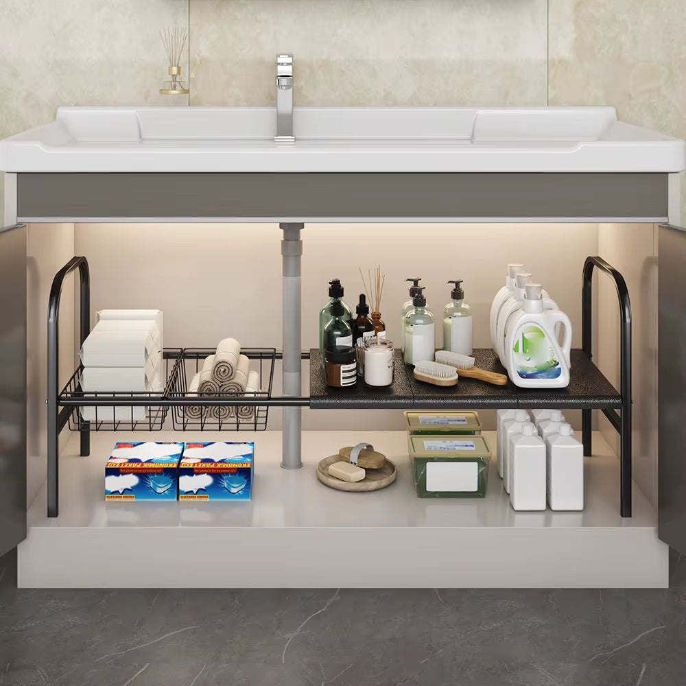 1 Set Multi-Use Kitchen under Bathroom Sink Organizers - Expandable Cabinet Shelf Organizer Storage Rack with Removable Baskets