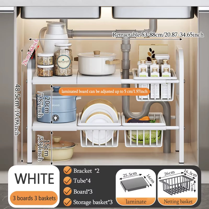 1 Set Multi-Use Kitchen under Bathroom Sink Organizers - Expandable Cabinet Shelf Organizer Storage Rack with Removable Baskets