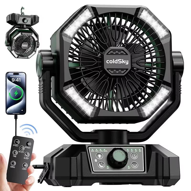Coldsky Camping Fan with 4 LED Lantern 8 Speeds Desk Fan 20000Mah Battery Portable Outdoor Fan for Outdoor Camping and Fishing