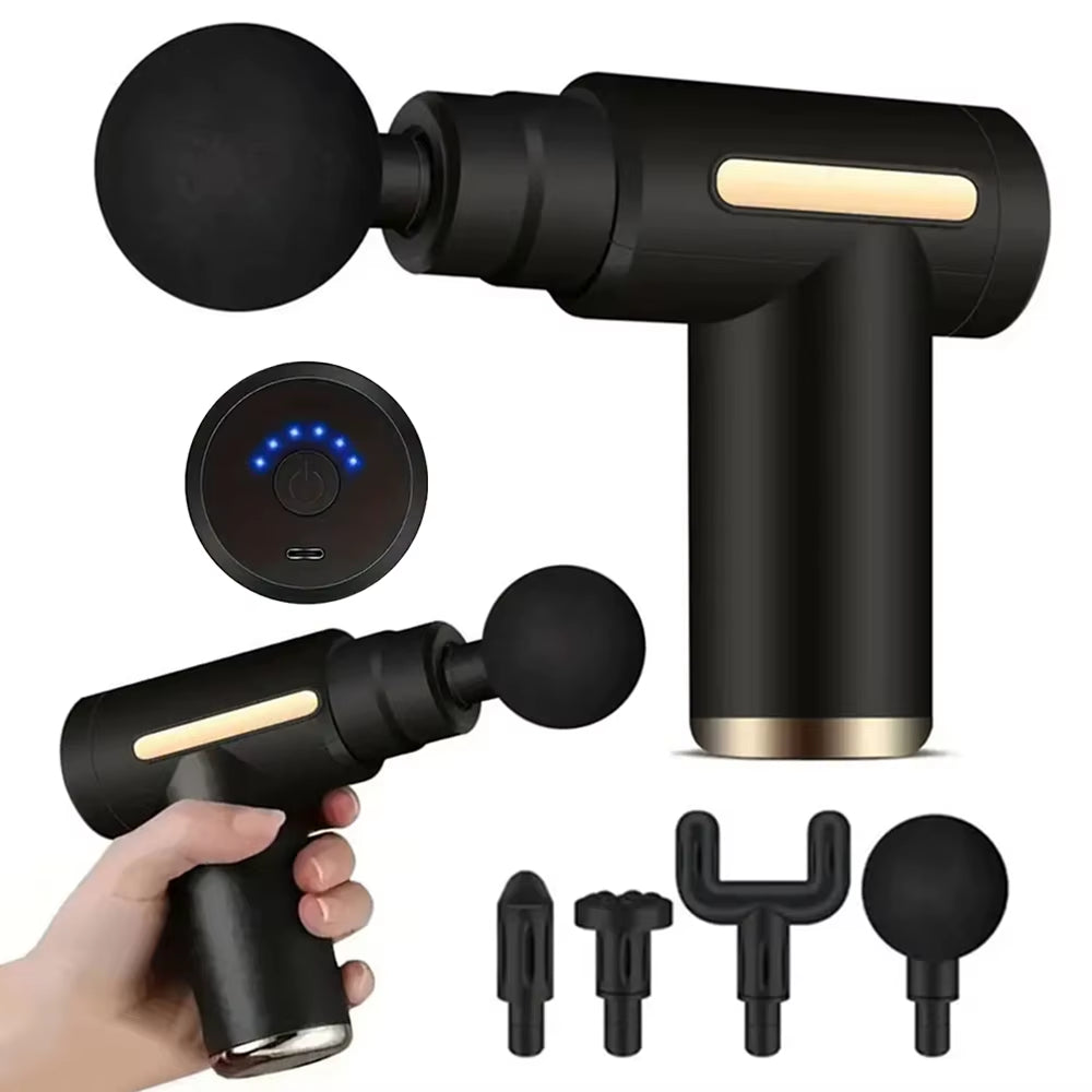Black Fascia Gun muscle massager with four massage heads