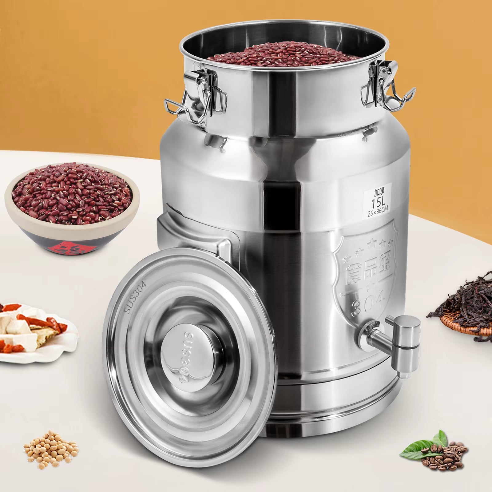 Beverage Drink Dispenser Stainless Steel Milk Can with Faucet Milk Transport Barre 15L 25*36Cm for Storing Liquid Products