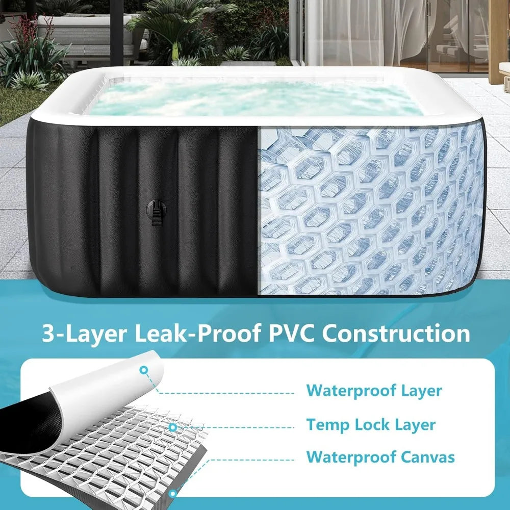 4-6 Person Inflatable Hot Tub, Large Square Portable Blow up Hot Tub, Leak-Proof PVC Outdoor Spa with 130 Air Jets