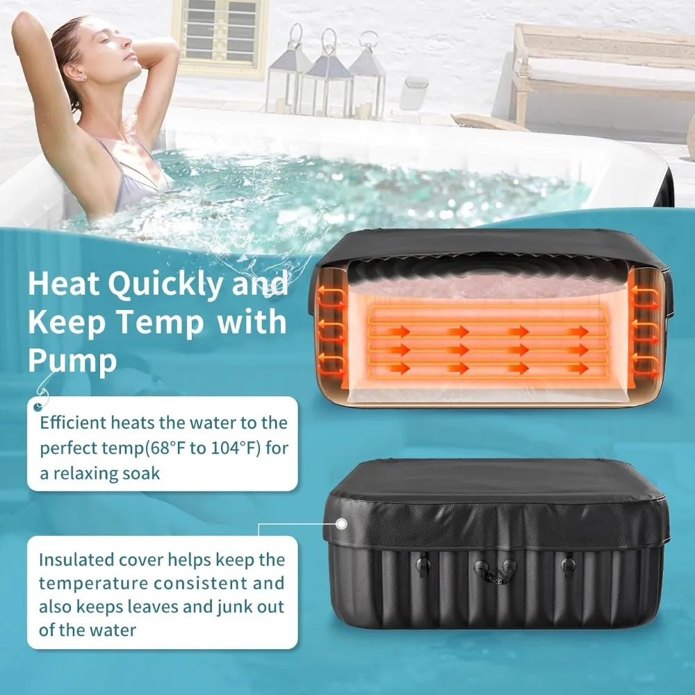 4-6 Person Inflatable Hot Tub, Large Square Portable Blow up Hot Tub, Leak-Proof PVC Outdoor Spa with 130 Air Jets
