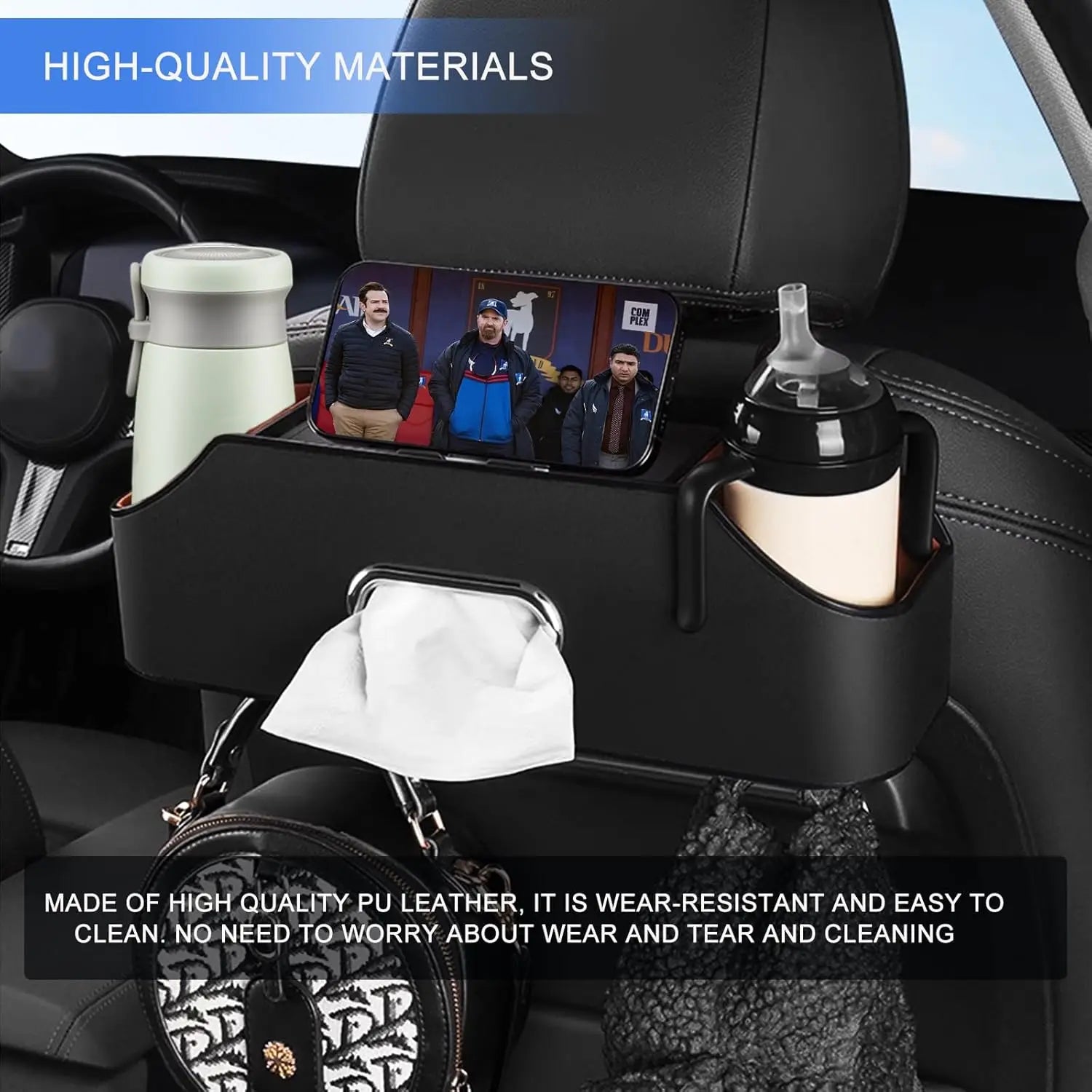 Car Back Seat Organizer with 2 Drink Cup Holder- Multifunctional Car Seat Back Organizer - Great for Kids and Travel