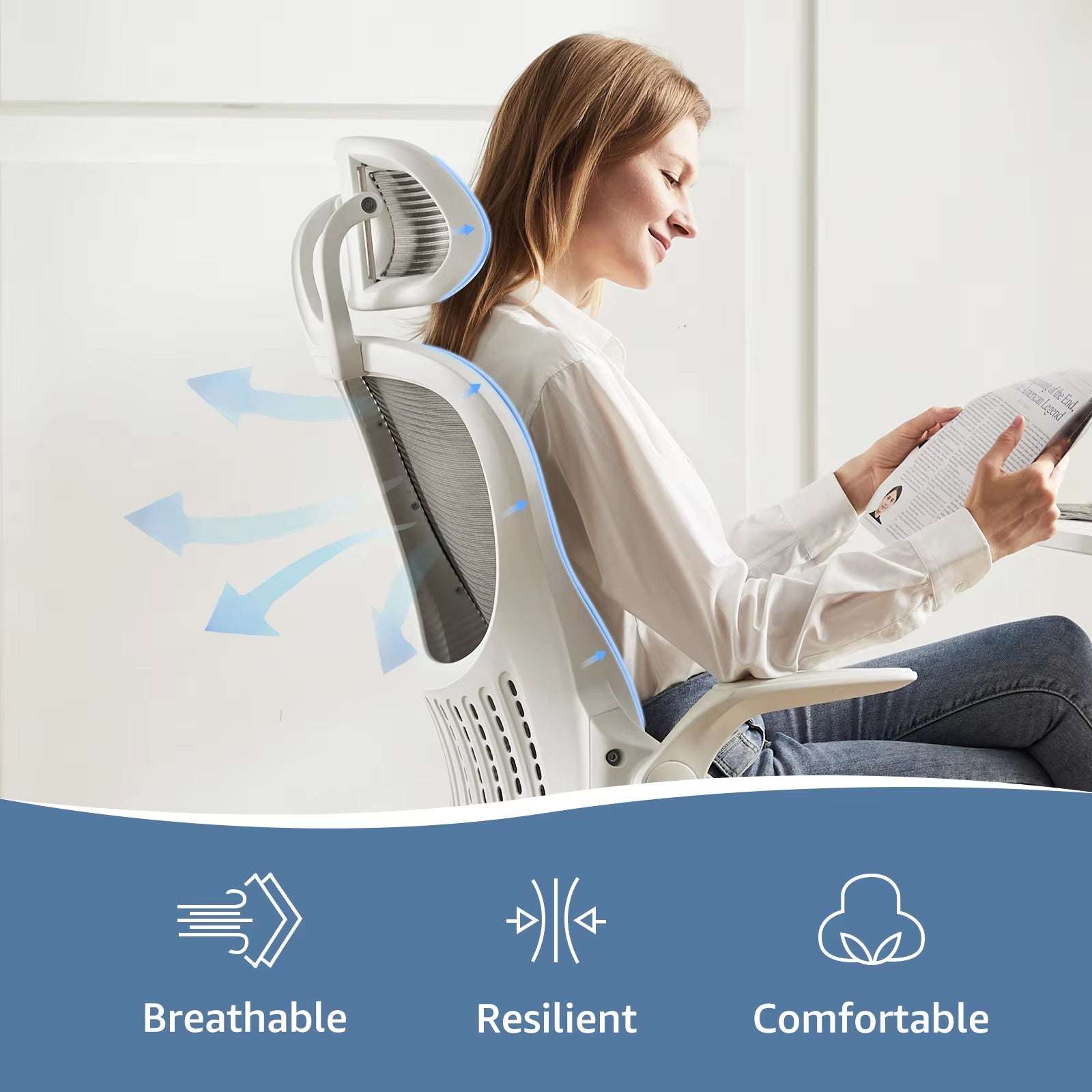 Mesh Ergonomic Office Computer Desk Chair Flip-Up Arms Adjustable Headrests Comfortable Lumbar Support for Home Office