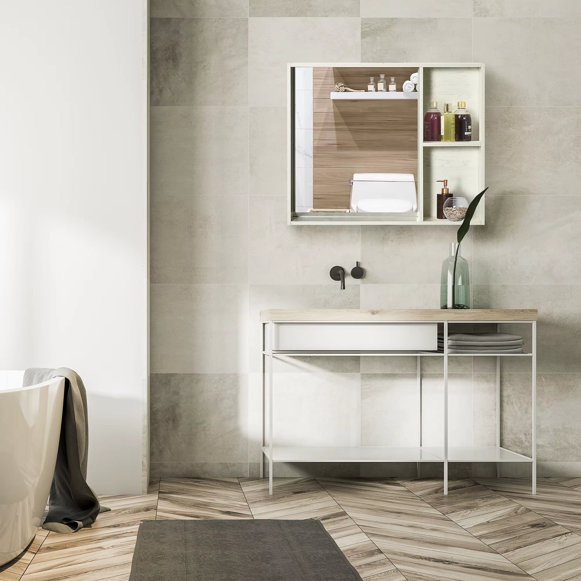 Wall Mounted Medicine Cabinet with Mirror, Shelf, Bathroom Cabinet, White