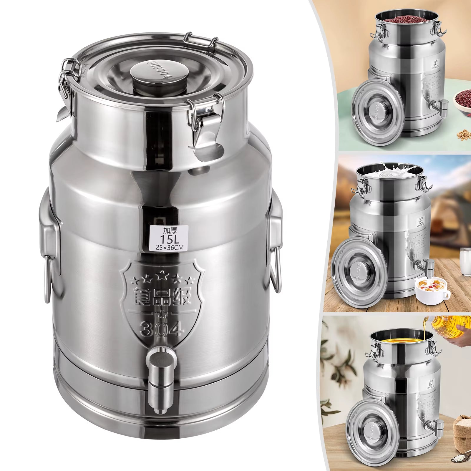 Beverage Drink Dispenser Stainless Steel Milk Can with Faucet Milk Transport Barre 15L 25*36Cm for Storing Liquid Products
