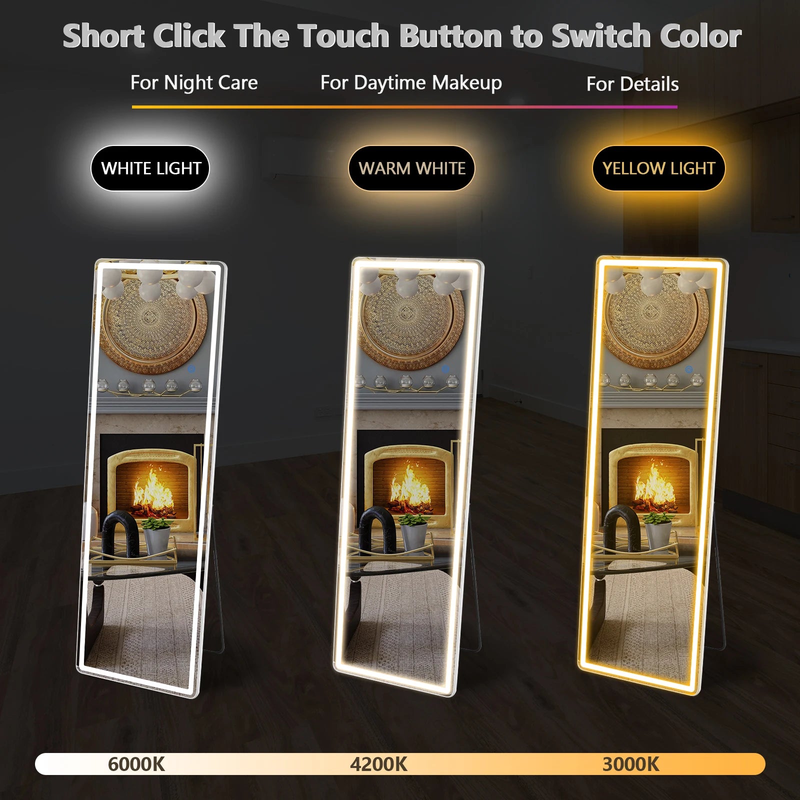 Led 64"X21" Full Length Mirror Standing Hanging or Wall-Mounted Mirrors with Stand Aluminum Alloy Frame for Living Room