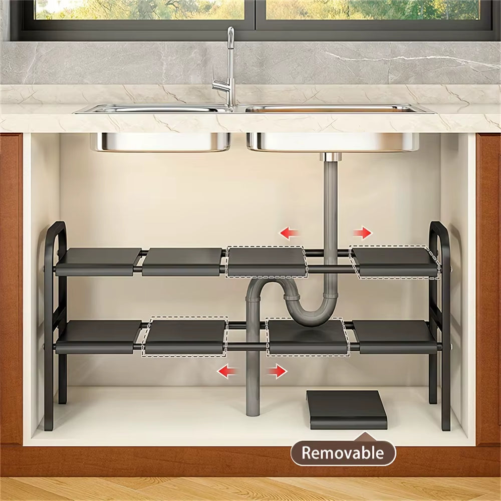 1 Set Multi-Use Kitchen under Bathroom Sink Organizers - Expandable Cabinet Shelf Organizer Storage Rack with Removable Baskets
