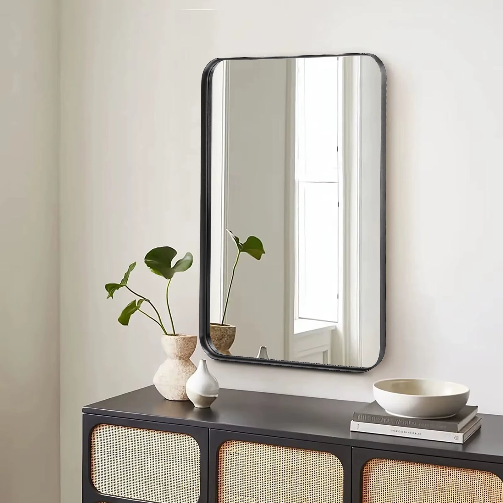 Large Rectangle Vanity Framed Mirror for Wall Matte Metal Framed 30X40 Inch Modern Mirror Tempered Glass for Living Room