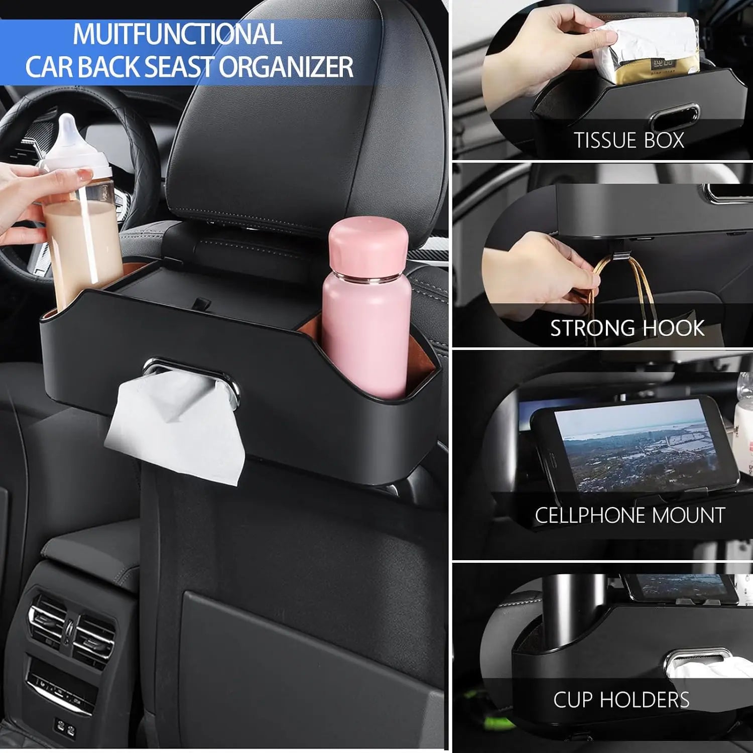 Car Back Seat Organizer with 2 Drink Cup Holder- Multifunctional Car Seat Back Organizer - Great for Kids and Travel