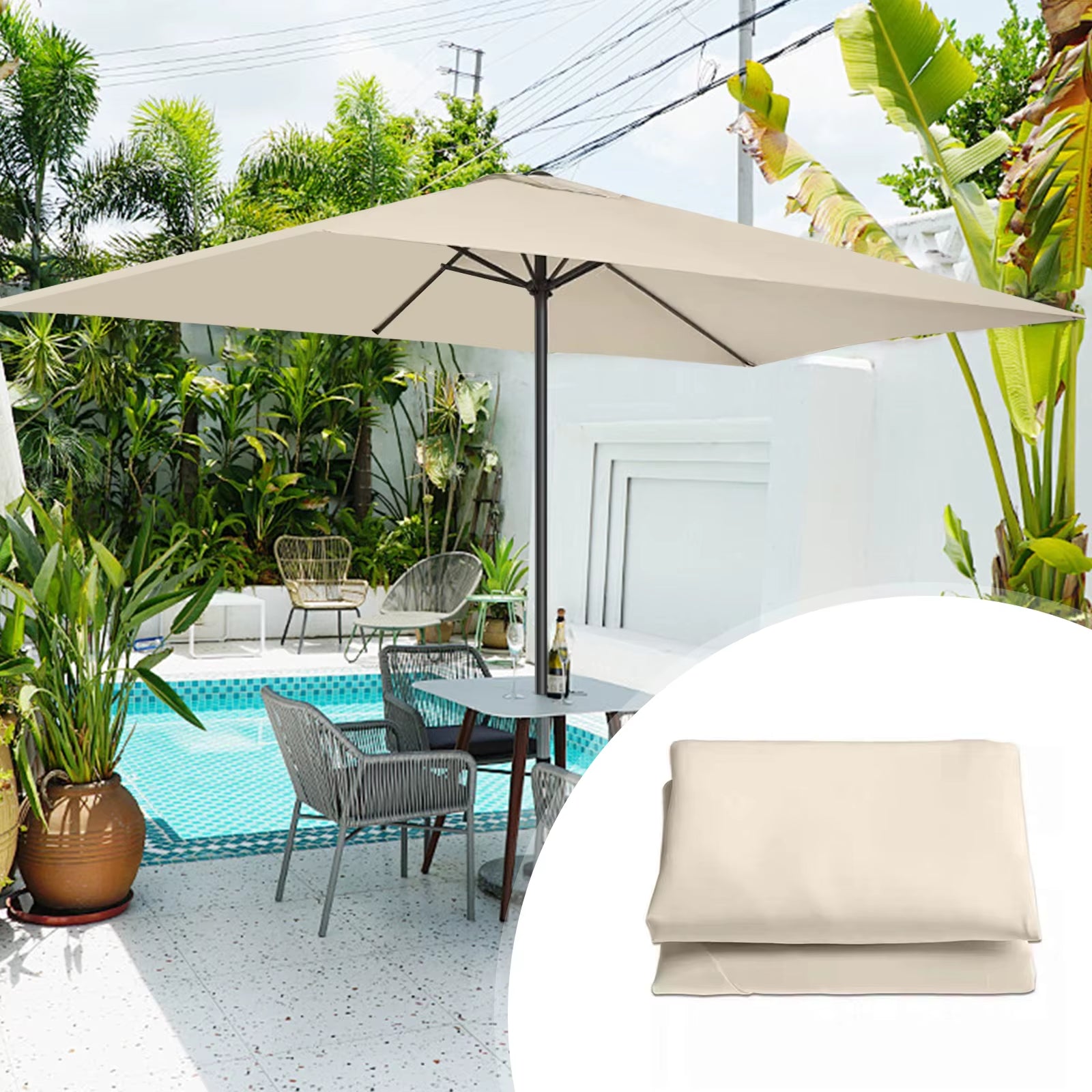 2X3M Garden Parasol Replacement Cloth Rainproof Sunshade Canopy Patio Waterproof Cloth for Outdoor Beach Picnic Camping