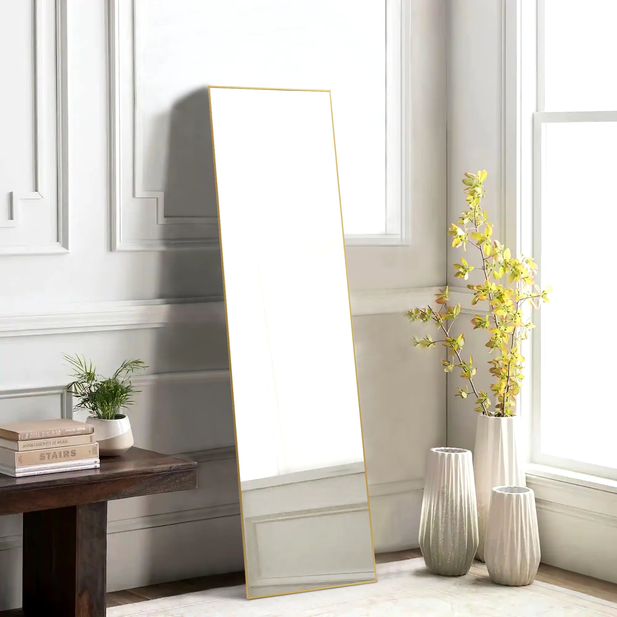 Full Body Wall Mirror 59"X16" Standing Hanging or Wall-Mounted Mirrors with Stand Aluminum Alloy Frame for Bathroom Bedroom