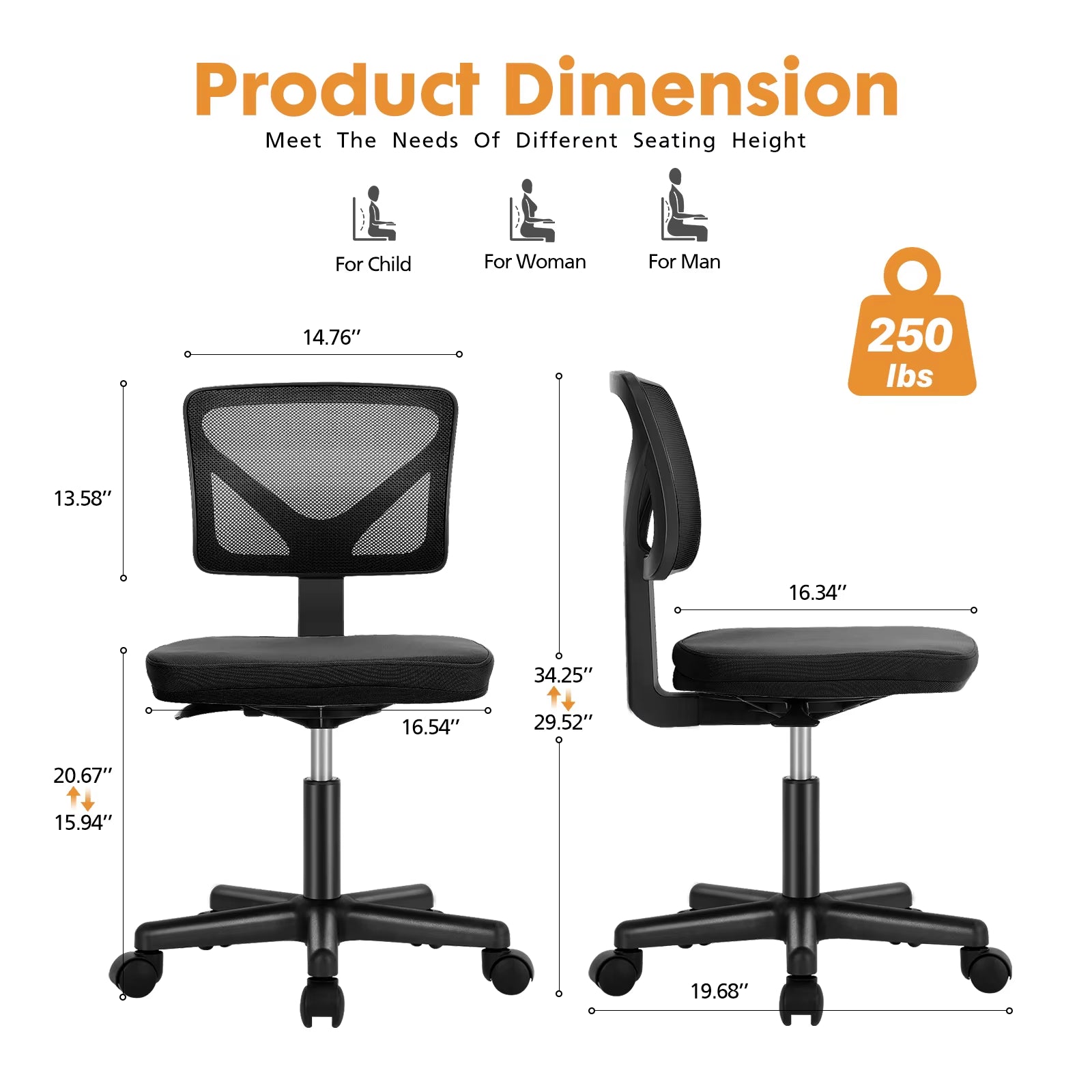 Mesh with Lumbar Support Armless Office Chair Low Back with Wheels Adjustable Height 360° Rolling Swivel Computer Chair