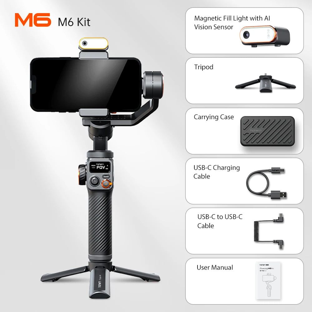 Office Gimbal Isteady M6 3-Axis Cell Phone Stabilize for Xiaomi with AI Tracker Magnetic Fill Light Full Color Video Vlogg