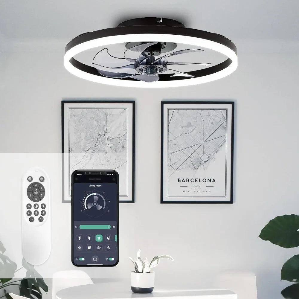 20'' Modern Low Profile Ceiling Fan with Light, with Remote Control, Bladeless Flush Mount for Living Room,Small Room