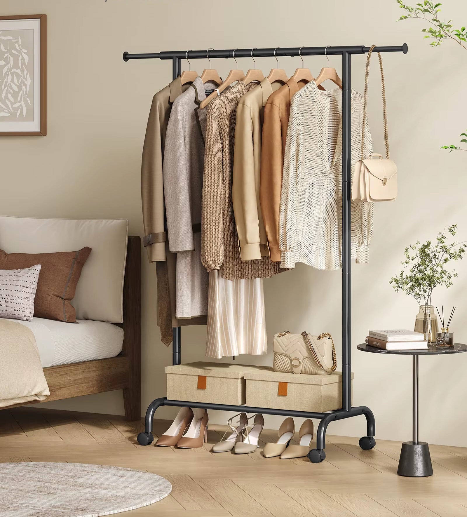 Clothes Rack, Clothing Rack for Hanging Clothes with Wheels, Garment Rack with Extendable Hanging Rail