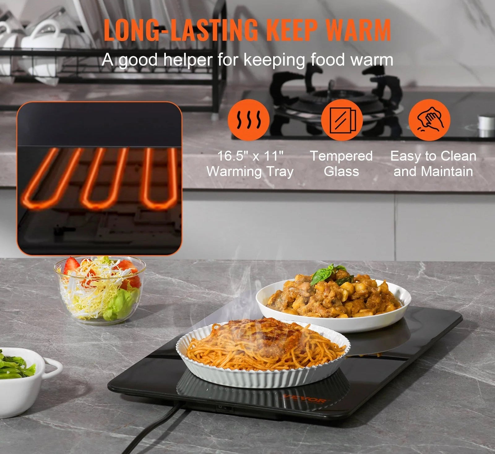 VEVOR Electric Warming Tray, 16.5 X 11 Portable Tempered Glass Heating Tray with Temperature Control (65-90¡Æ), Perfect for Dinner, Catering, House, Parties, Events, Entertaining and Holiday, Black