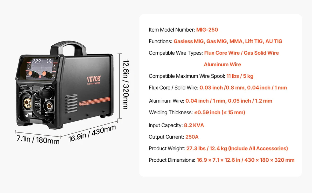 VEVOR 5-In-1 MIG Welder 200Amp Pluse Mig Welding Machine Gas Mig/Flux Core Mig/Stick/Lift TIG/AU TIG with LCD Screen Display