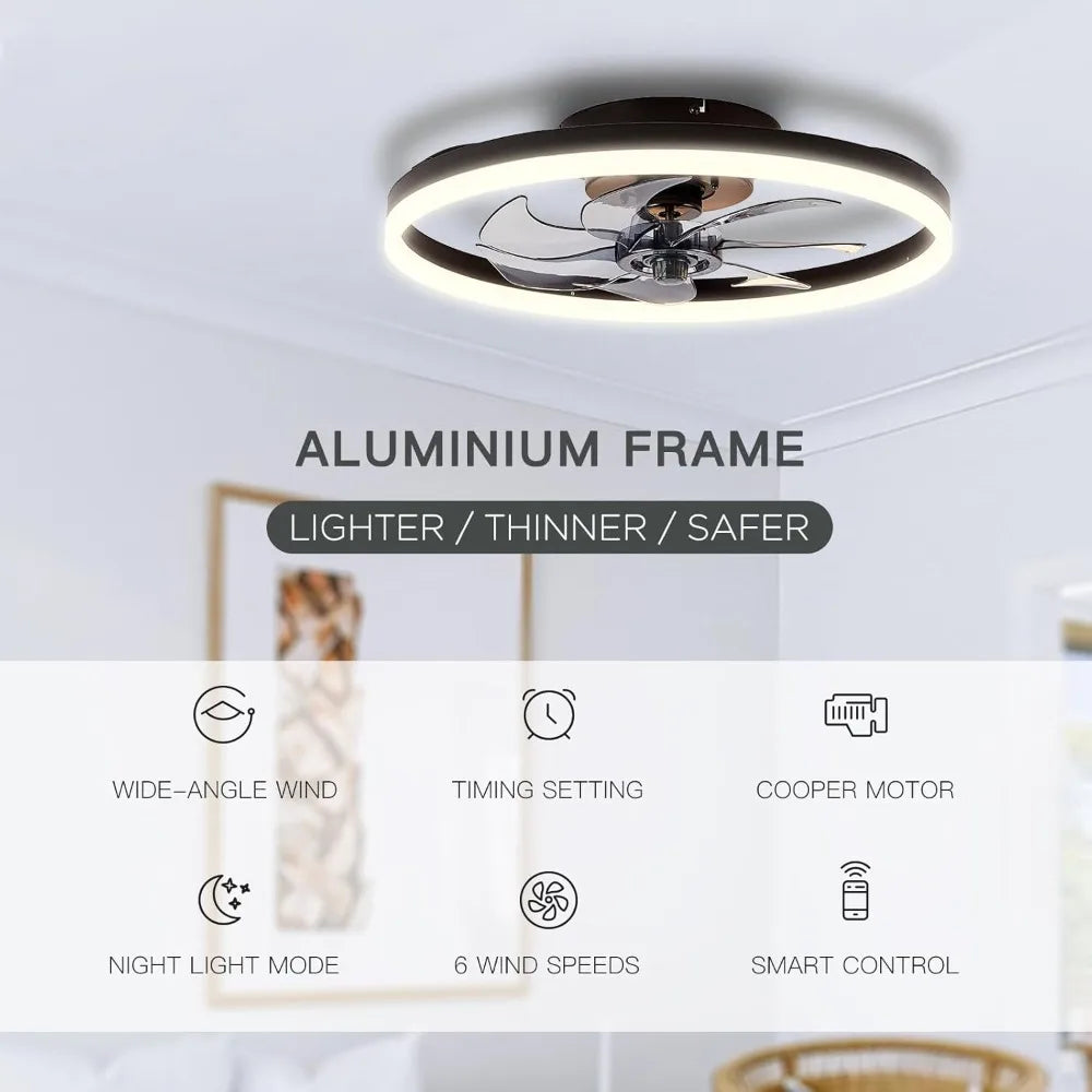 20'' Modern Low Profile Ceiling Fan with Light, with Remote Control, Bladeless Flush Mount for Living Room,Small Room