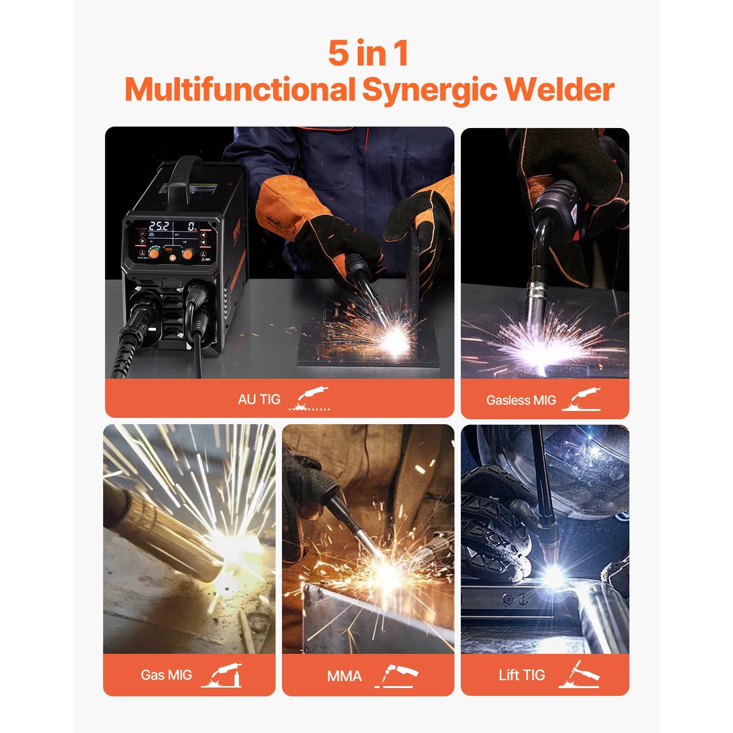VEVOR 5-In-1 MIG Welder 200Amp Pluse Mig Welding Machine Gas Mig/Flux Core Mig/Stick/Lift TIG/AU TIG with LCD Screen Display