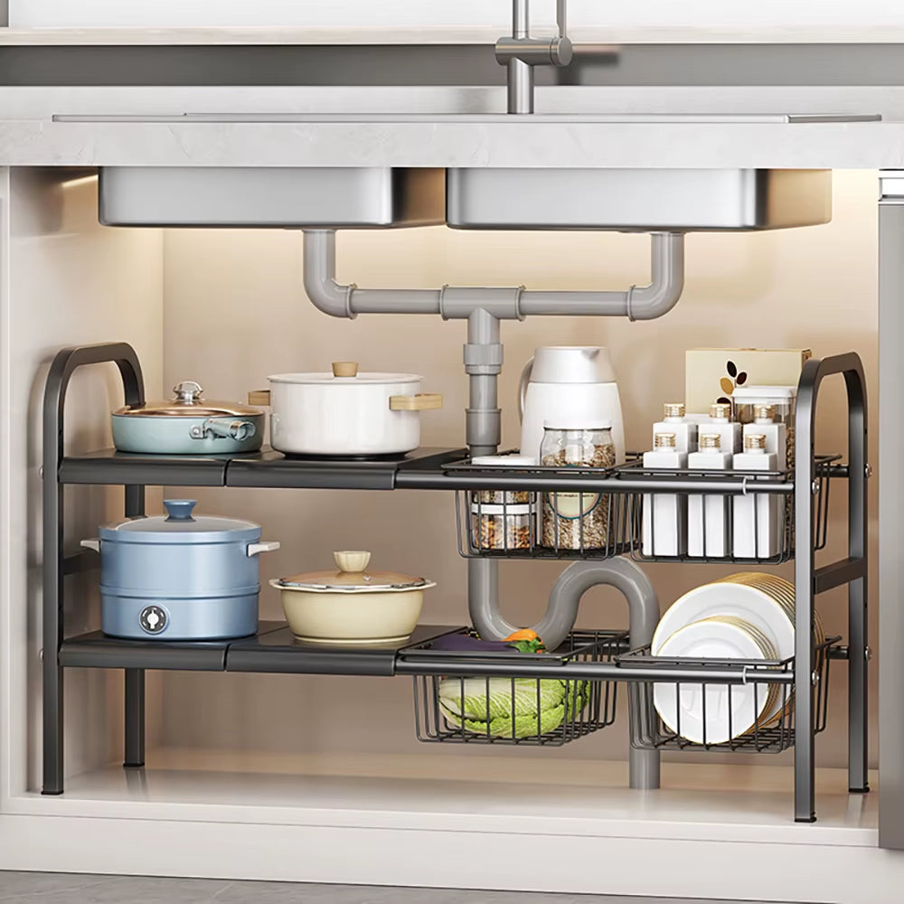 Expandable under sink organizer with removable baskets in kitchen cabinet
