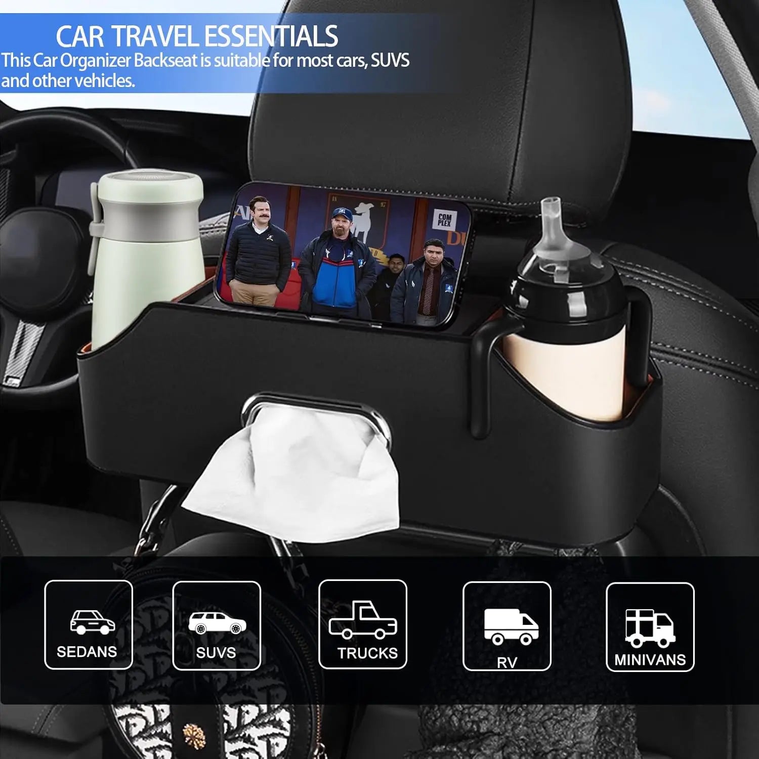 Multifunctional car seat back organizer with storage pockets
