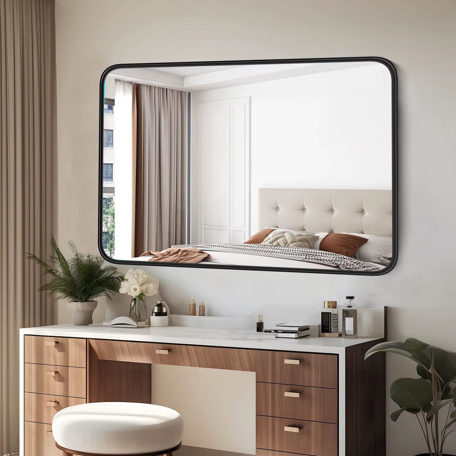 Wall mirror displayed in bedroom, bathroom, and entryway settings
