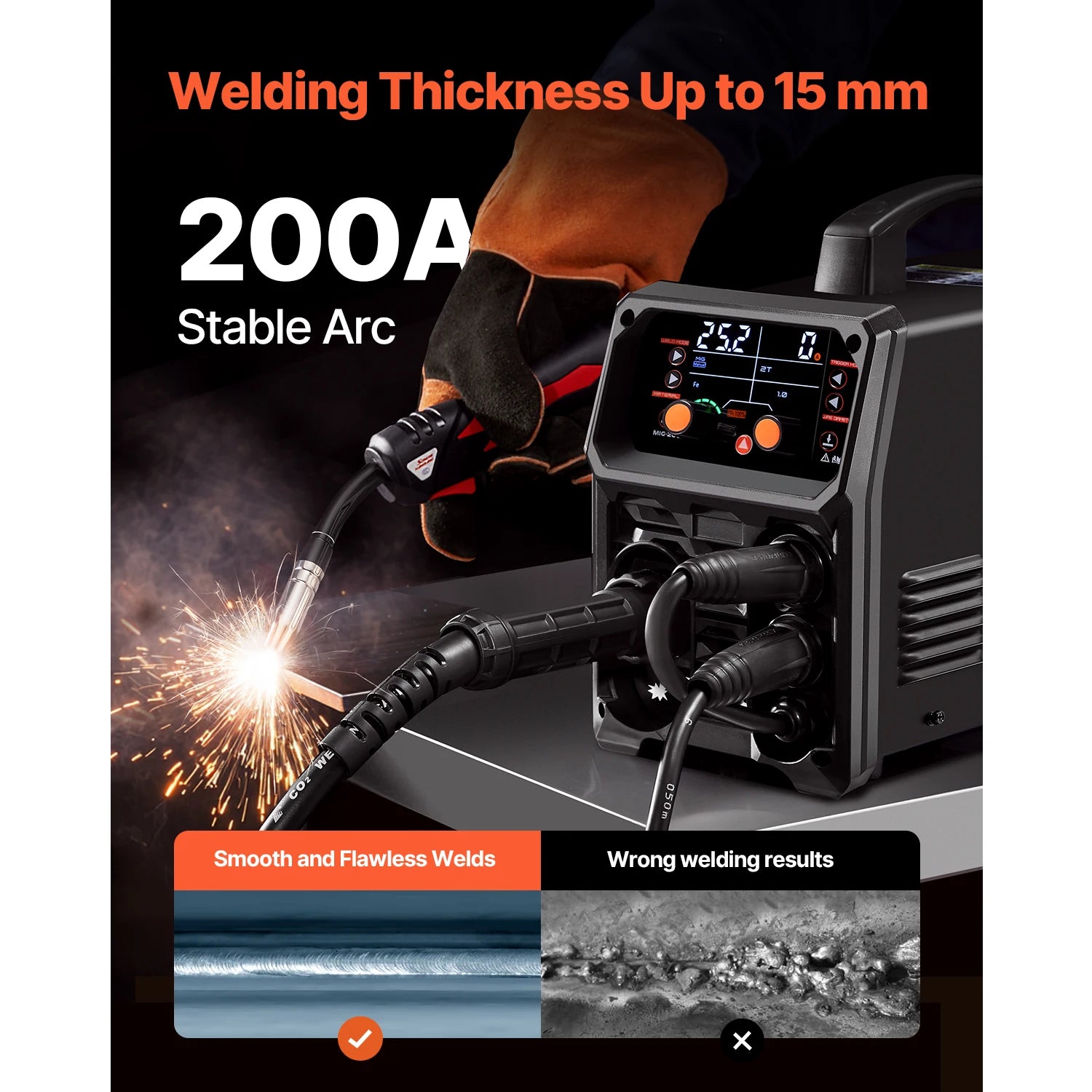 VEVOR 5-In-1 MIG Welder 200Amp Pluse Mig Welding Machine Gas Mig/Flux Core Mig/Stick/Lift TIG/AU TIG with LCD Screen Display