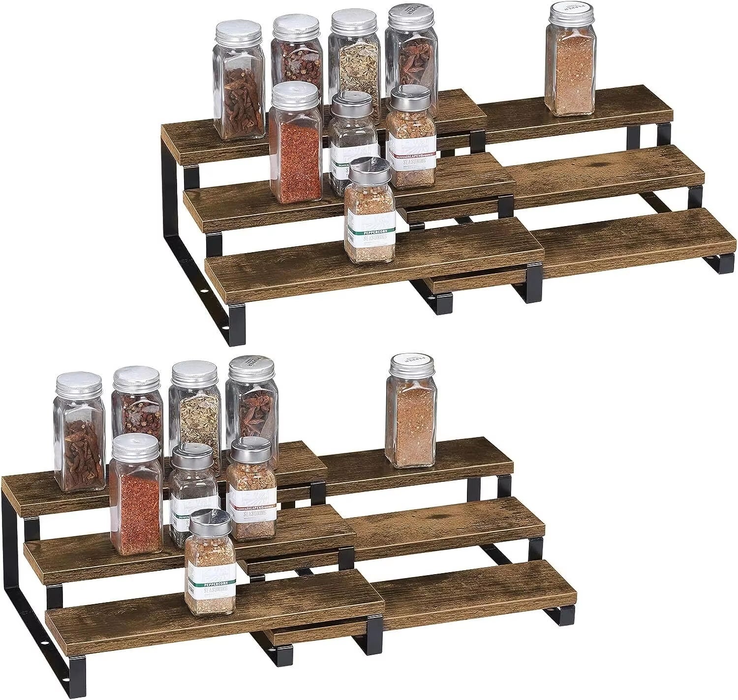 Expandable 3-tier wooden spice rack on kitchen countertop with jars