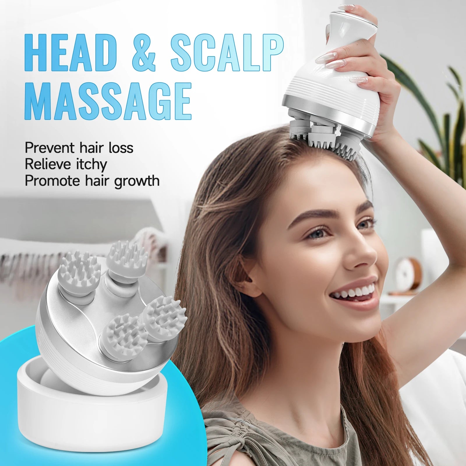 Portable electric scalp massager with 4 removable massage claws in white