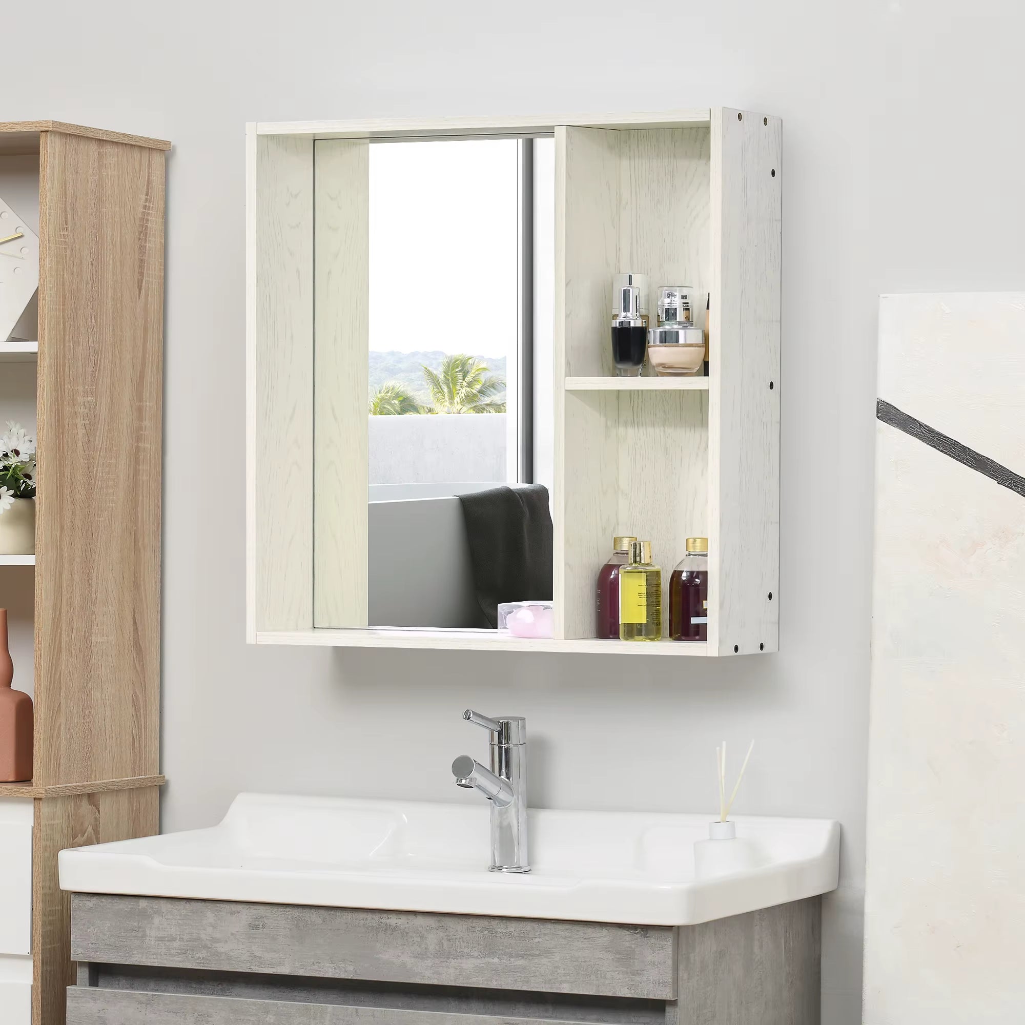 Wall-mounted white wood grain mirror cabinet with shelves