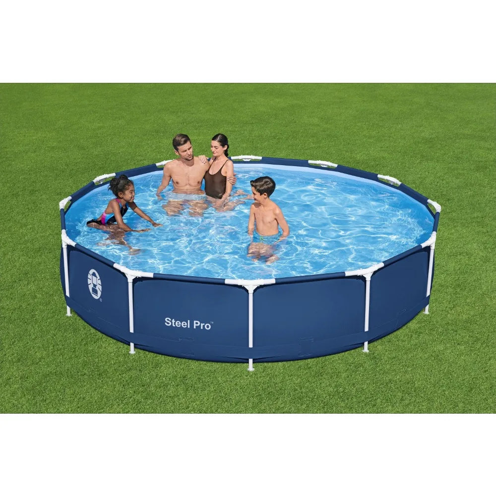Steel Pro™ Above Ground Pool set up in backyard with clear blue water