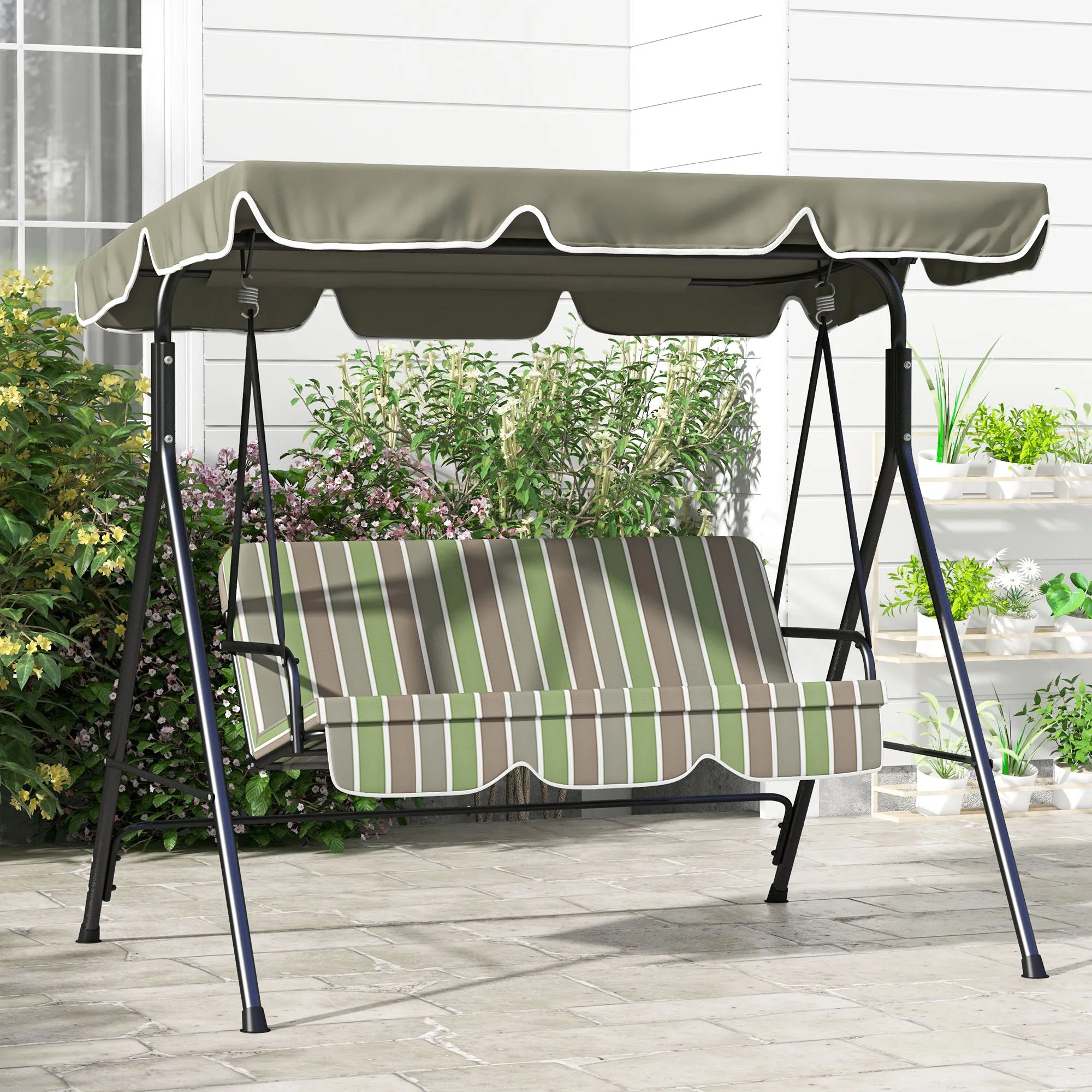 3-Seat Outdoor Patio Swing W/ Canopy & Cushion, Beige & Green